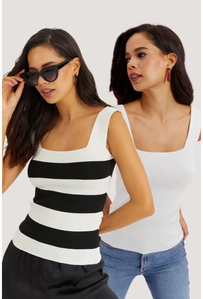 Kadın Beyaz-Siyah İkili Kare Yaka Triko Bluz YV126