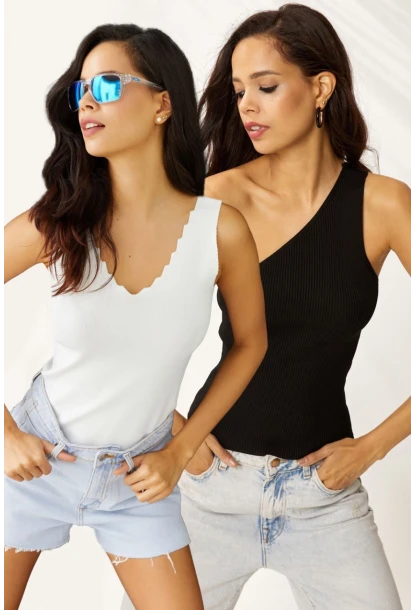 Kadın Beyaz-Siyah İkili Triko Bluz YV145