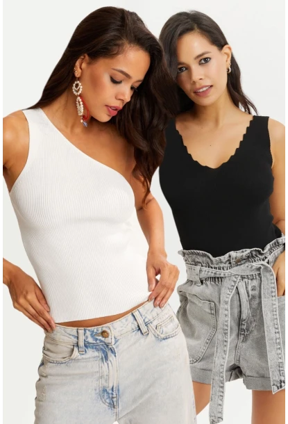 Kadın Beyaz-Siyah İkili Triko Bluz YV147