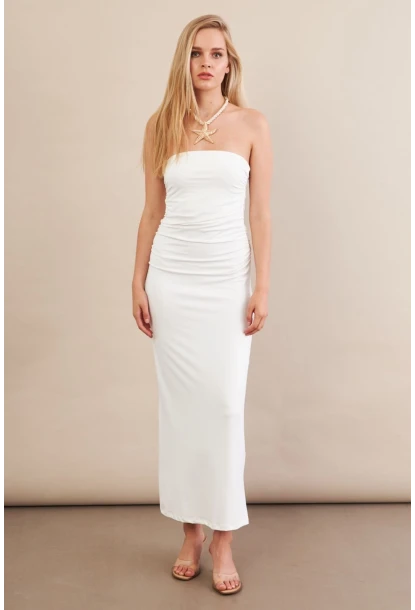 Kadın Beyaz Straplez Büzgülü Midi Elbise MX2005