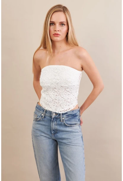 Kadın Beyaz Straplez Dantel Bluz ZH125