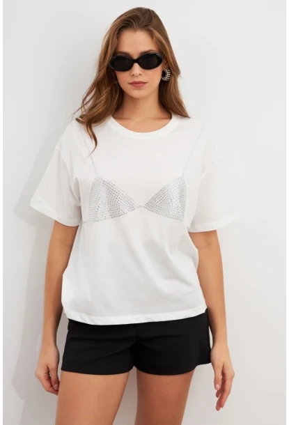 Kadın Beyaz Straslı Oversize T-Shirt TPG13