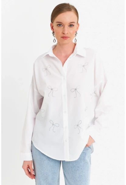 Kadın Beyaz Taşlı Gömlek MZER426