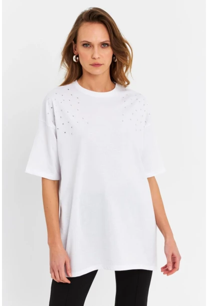 Kadın Beyaz Taşlı Salaş T-Shirt MTF0002