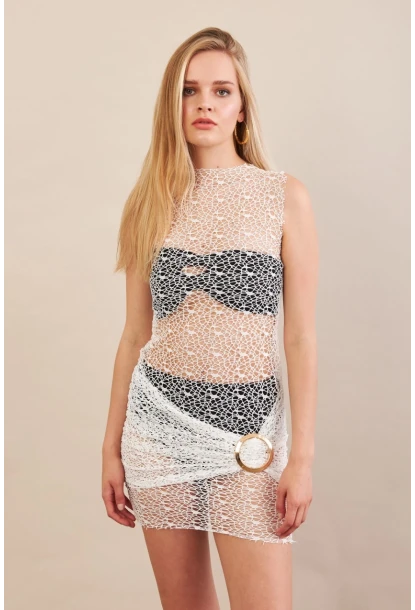 Kadın Beyaz Tokalı Mini Dantel Plaj Elbisesi