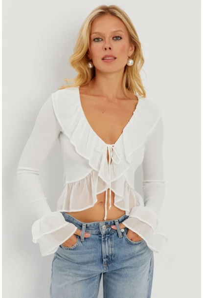 Kadın Beyaz Tül Detaylı Fırfırlı Hırka AYD313