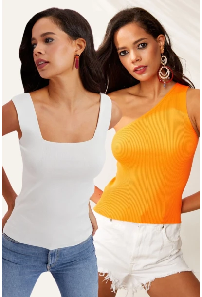 Kadın Beyaz-Turuncu İkili Triko Bluz YV152