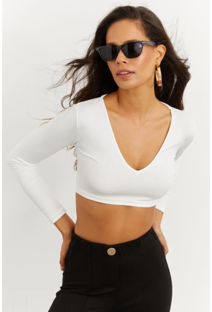 Kadın Beyaz V Yaka Crop Bluz CG265