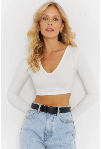 Kadın Beyaz V Yaka Crop Bluz CG368