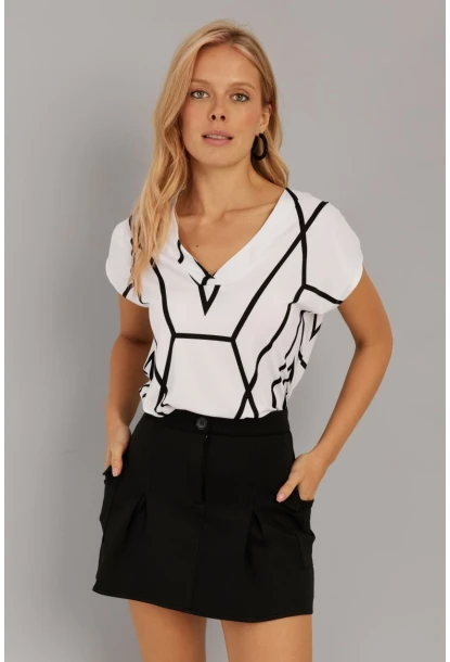 Kadın Beyaz V Yaka Desenli Bluz AYD293