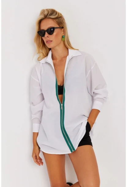 Kadın Beyaz Yeşil Fermuarlı Uzun Gömlek SF1317