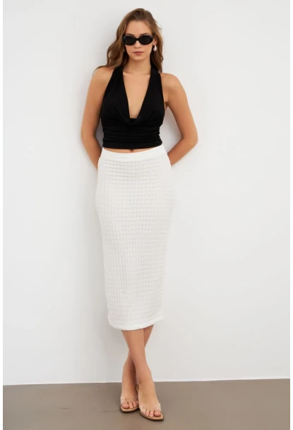Kadın Beyaz Yırtmaçlı Bürümcük Midi Etek ZH329