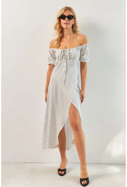 Kadın Beyaz Yırtmaçlı Desenli Midi Elbise KED0243