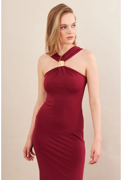 Kadın Bordo Aksesuarlı Midi Elbise İRE101
