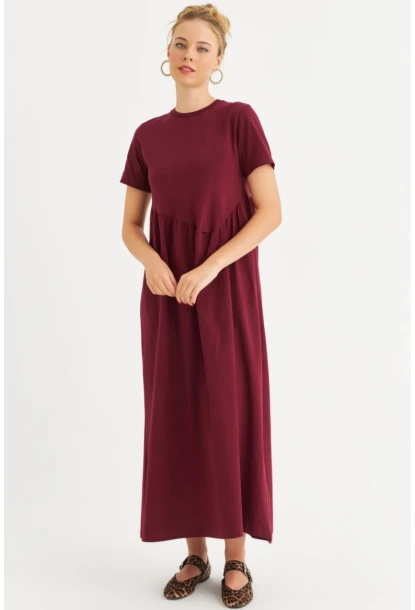 Kadın Bordo Asimetrik Dikişli Maxi Elbise MDMR440