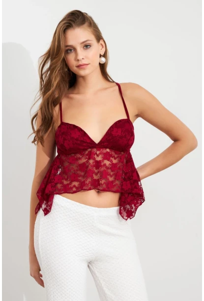 Kadın Bordo Askılı Dantel Crop Bluz MTK13458