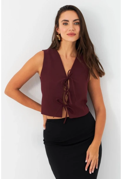 Kadın Bordo Bağlama Detaylı Astarlı Yelek ELA6645