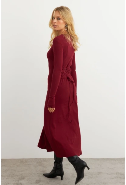Kadın Bordo Bağlamalı Kaşkorse Midi Elbise MFRY2268