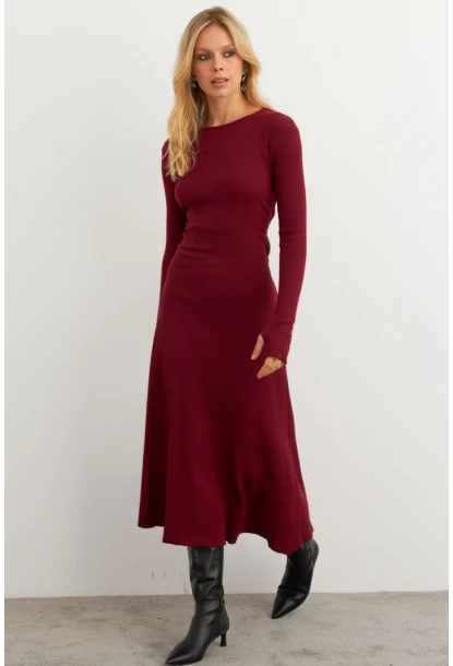 Kadın Bordo Bağlamalı Kaşkorse Midi Elbise MFRY2268