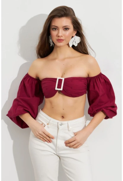 Kadın Bordo Balon Kol Crop Bluz ROP111
