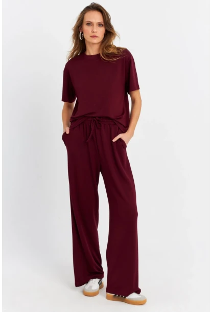 Kadın Bordo Basic Alt-Üst Pantolon Takım MRU6929