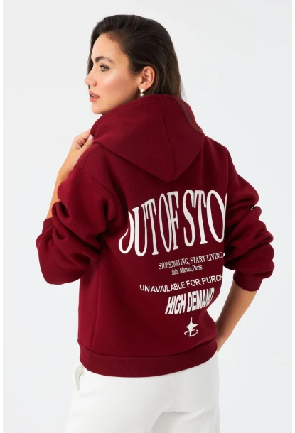 Kadın Bordo Baskılı Kapüşonlu Sweatshirt DY1451