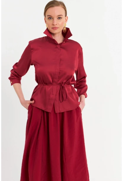 Kadın Bordo Beli Bağlamalı Saten Gömlek MMRS4212