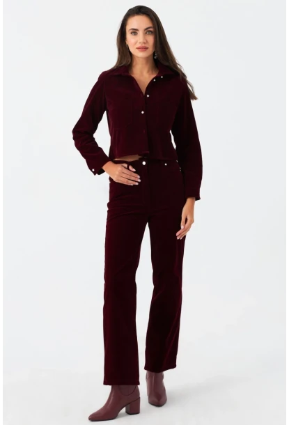Kadın Bordo Beli Lastikli Kadife Pantolon CAR1076