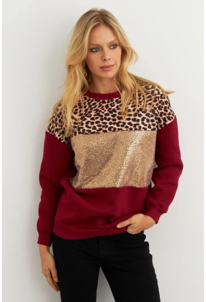 Kadın Bordo Bloklu Sweatshirt MST098