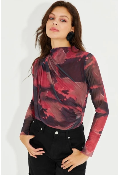 Kadın Bordo Büzgülü Astarlı Tül Bluz LPP1231