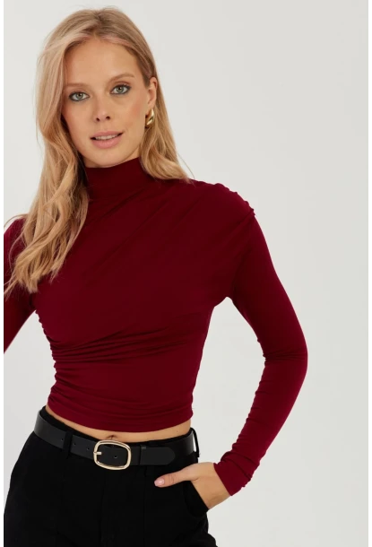 Kadın Bordo Büzgülü Kısa Bluz MEN2023-90
