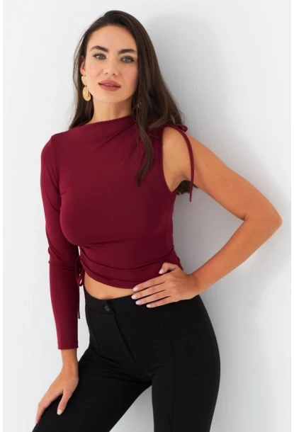 Kadın Bordo Büzülebilir Tek Kol Bluz CG390