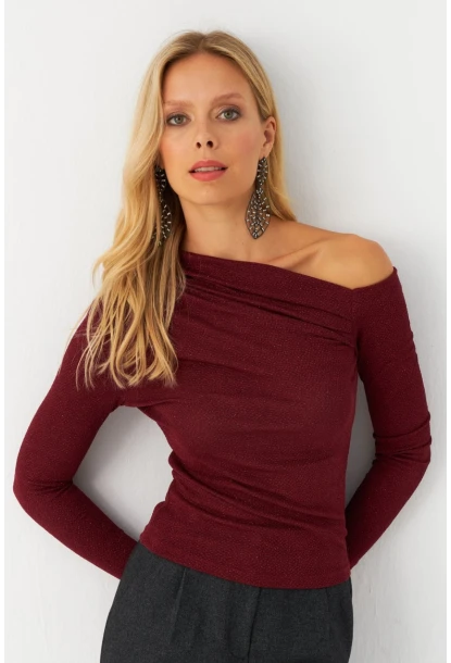 Kadın Bordo Çapraz Yaka Simli Bluz ERL10060