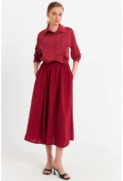 Kadın Bordo Cepli Midi Etek MSH20194