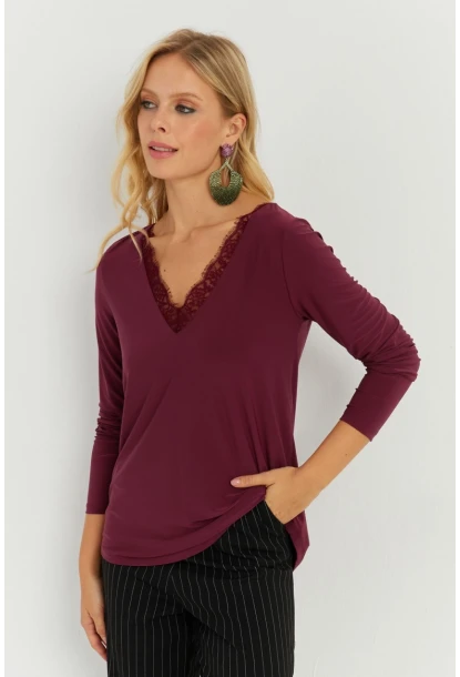 Kadın Bordo Dantel Detaylı Bluz AYD264