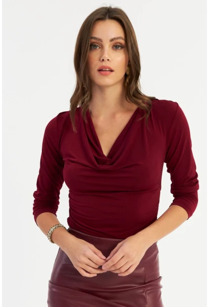 Kadın Bordo Degaje Yaka Büzgülü Bluz FRY2248