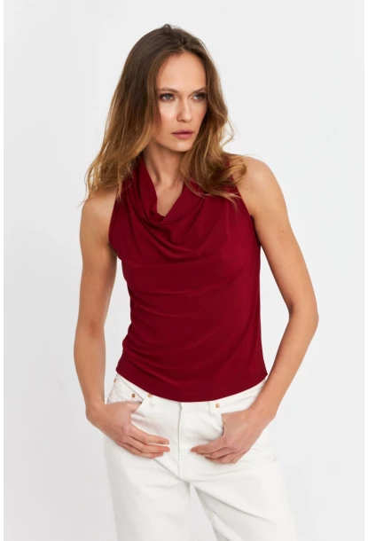 Kadın Bordo Degaje Yaka Kolsuz Bluz LPP1226-90