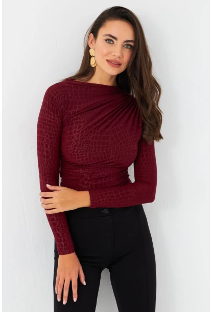 Kadın Bordo Desenli Büzgülü Bluz LPP1279
