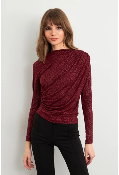 Kadın Bordo Desenli Büzgülü Bluz LPP1299