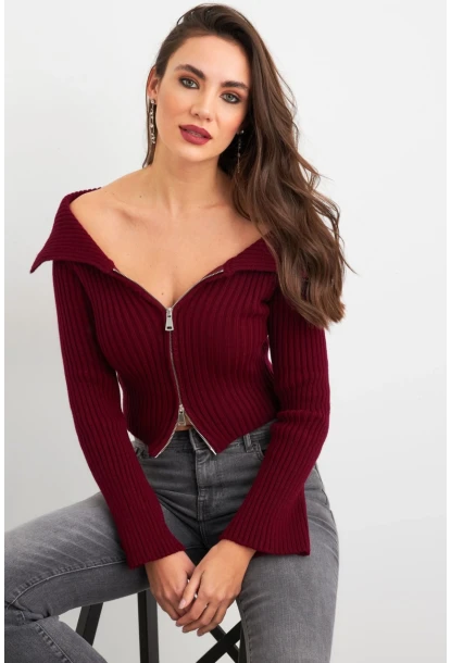 Kadın Bordo Devrik Yaka Kısa Hırka TEM103