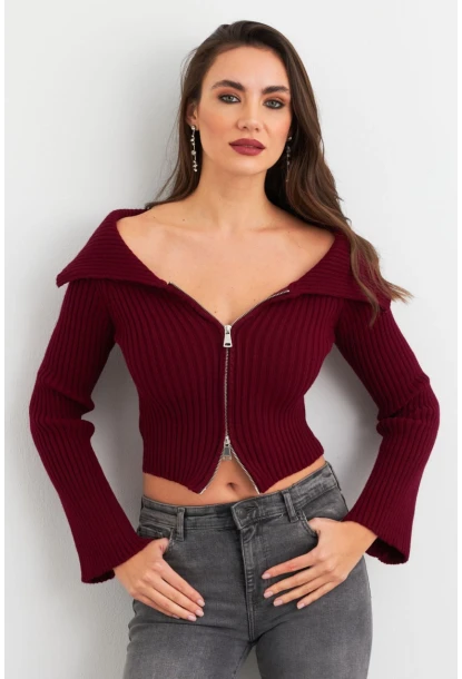 Kadın Bordo Devrik Yaka Kısa Hırka TEM103