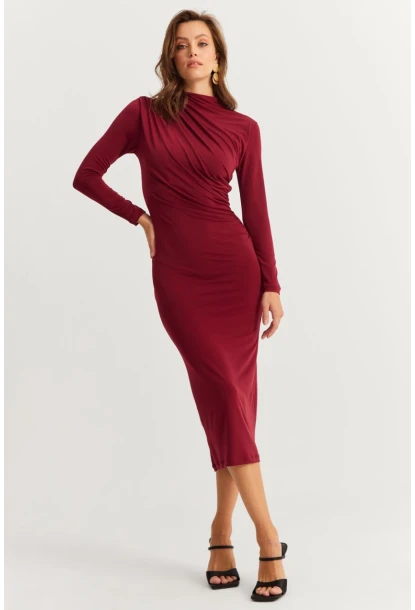 Kadın Bordo Drape Maxi Elbise DMR377