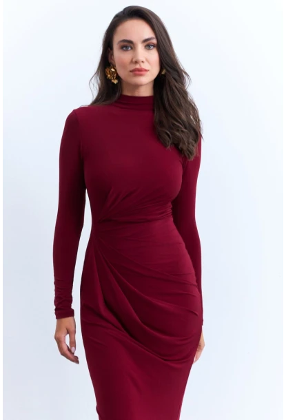 Kadın Bordo Drapeli Maxi Elbise MLİK12