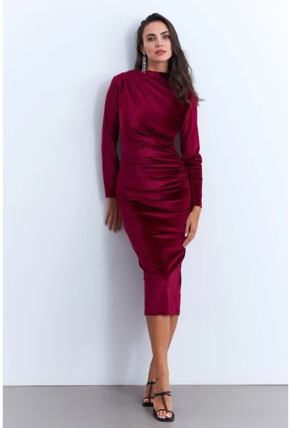 Kadın Bordo Drapeli Midi Elbise MON1113