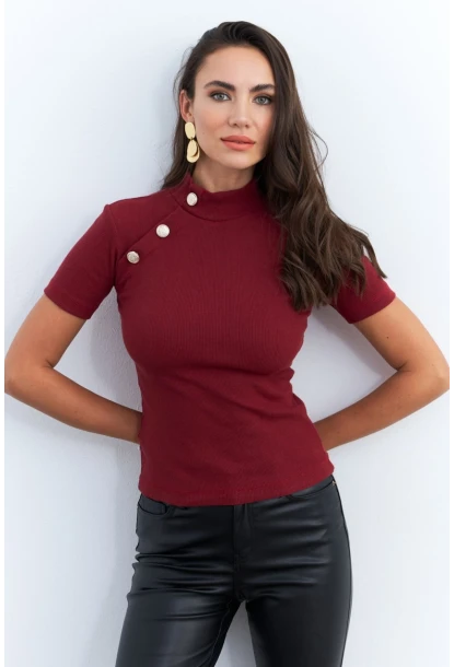 Kadın Bordo Düğme Aksesuarlı Kaşkorse Bluz EY2560