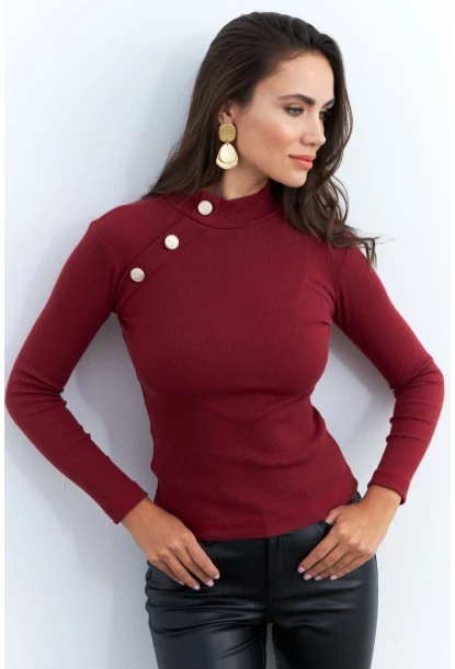 Kadın Bordo Düğme Aksesuarlı Kaşkorse Bluz EY2579