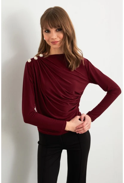 Kadın Bordo Düğme Detaylı Büzgülü Bluz LPP1223-1