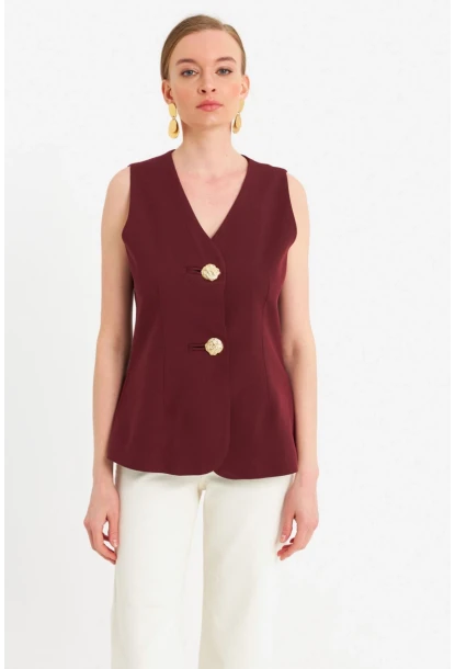 Kadın Bordo Düğme Detaylı Yelek CAR1152