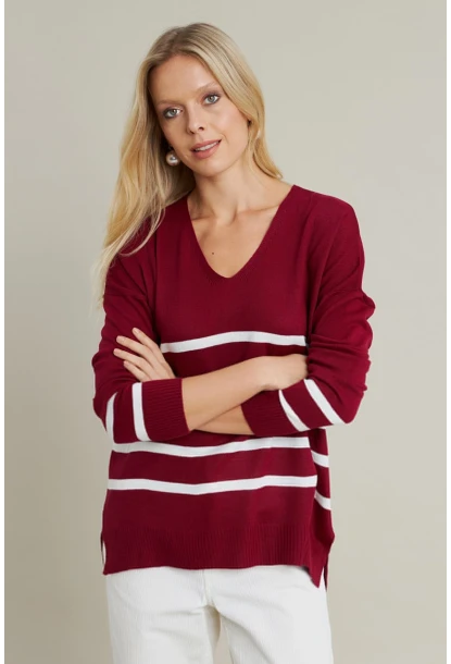 Kadın Bordo-Ekru V Yaka Çizgili Triko Kazak MYİL550
