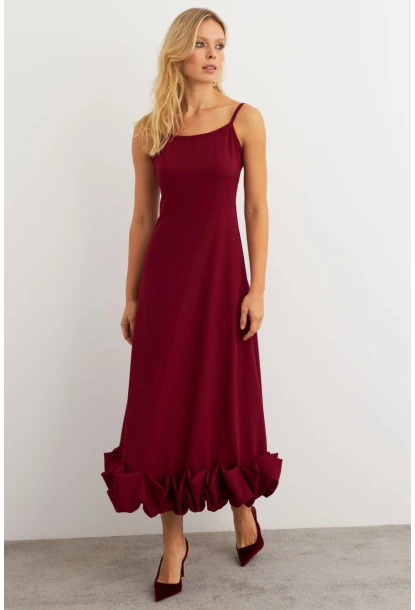 Kadın Bordo Eteği Fırfırlı Şık Maxi Elbise FRY2266